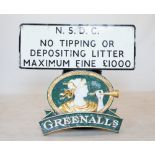 A vintage metal sign 'N.S.D.C no tipping or depositing of litter maximum fine £1000', black text