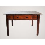 A 19th century rustic oak kitchen table, the six plank top above a single frieze drawer applied with