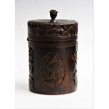 A Chinese carved bamboo tea caddy, Canton, 19th century, of cylindrical form with hinged cover