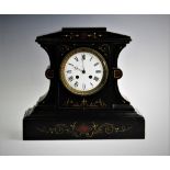 A Victorian slate mantel clock, the architectural case with incised gilt highlights and rouge marble