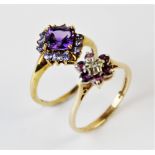 A garnet and diamond cluster ring all set in 9ct gold, weight 2.3gms with a further amethyst set