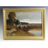 English school (20th century), Oil on board, A shepherd with sheep and barn, Indistinctly signed