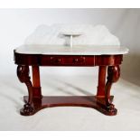 A Victorian mahogany marble top washstand, the shaped back with a central demi lune bracket shelf,