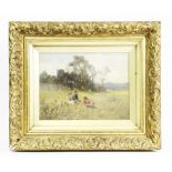 English school, Oil on board, Three children in a country landscape, Indistinctly signed lower