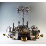 A collection of silver plated wares and flatware, to include; a set of four salts, candlesticks,