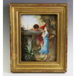 A French enamelled porcelain plaque, after Laure Levy, 'Young Love', indistinctly signed 'M Luce',