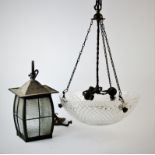 An early 20th century cut glass plafonnier, triple light fitting suspended by rope and chain, 34cm