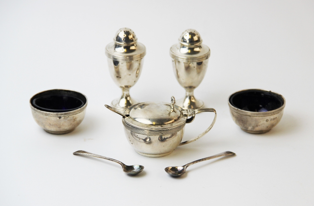 A George V five piece silver condiment set, Edward Barnard Sons Ltd, London 1912, each piece of