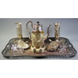 A selection of silver plated items to include a large pierced gallery serving tray, a pierced bottle