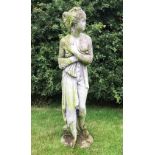 A reconstituted garden sculpture modelled as a scantily clad maiden, 111cm high approx