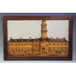 A mid 19th century inlaid parquetry picture of the first Royal Exchange, label verso 'by John Brigg,