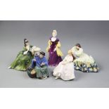 Five Royal Doulton figurines, comprising: HN2320 Tuppence A Bag, HN2337 Loretta, HN2810 Solitude,