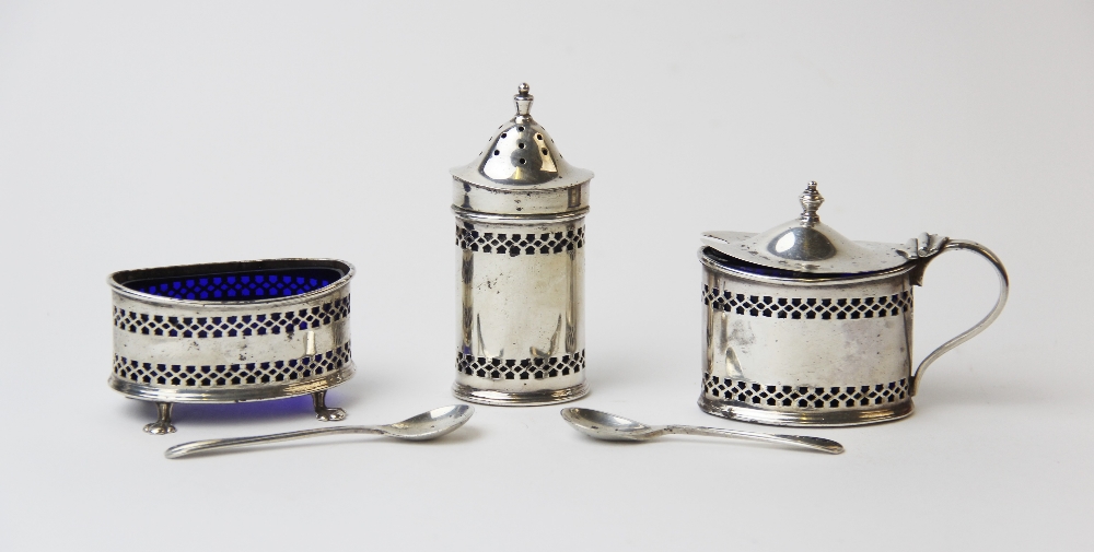 A George V three-piece silver condiment set, Adie Brothers, Birmingham 1928, comprising a wet - Image 2 of 2