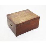 A 19th century mahogany hinged box, with inset brass swing handles stamped 'S P W 8', raised upon
