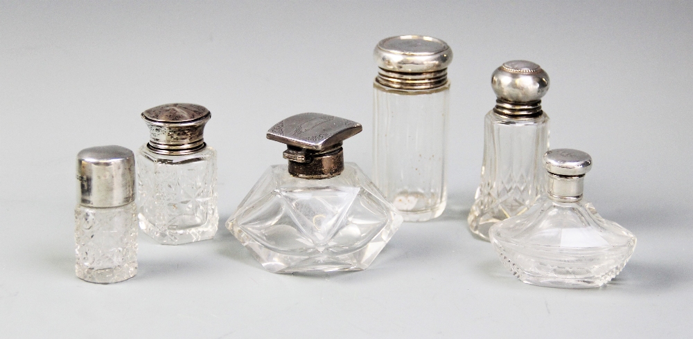 Six assorted glass and silver topped dressing table jars, to include a faceted square example, - Image 2 of 2