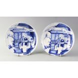 A pair of Chinese porcelain blue and white plates, 19th century, each of shallow circular form and