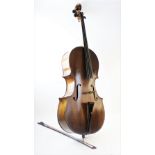 A cello and bow, late 19th/early 20th century, with a paper scroll terminal and ebonised keys, above