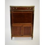 A late 19th French yew wood secretaire a abattant, later converted to a drinks cabinet, the shaped