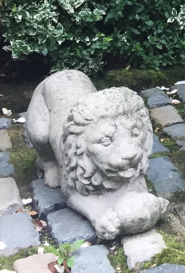 A pair of reconstituted stone recumbent lions, 50cm long