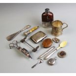 An assorted collection of silver and silver plated wares, to include a hip flask with screw top (