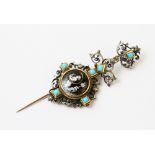 A 19th century diamond, turquoise and enamel pin, suspending an enamelled panel depicting a mythical