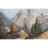 F Schmid (Continental school), Oil on canvas, A Swiss mountain landscape with chalet, Signed lower