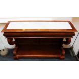 A William IV style marble top mahogany console table, late 20th century, the rectangular top inset