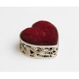 A Wang Hing Chinese silver pin cushion, in the form of a heart with pierced decoration borders