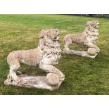A large pair of concrete Medici type lions, each modelled standing with front right paw raised