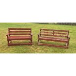 Two oak painted garden benches, each of typical constructed form, 85cm H x 160cm W x 57cm D and 85cm