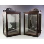 A pair of George III glazed mahogany wall hanging display or lighting cases, of rectangular form