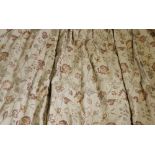 Four pairs of scrolling foliate pattern interlined curtains, in autumnal shades on a taupe ground,