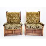 A pair of 17th century style lambing chairs, mid 20th century, each with button finials above