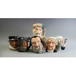 Six Royal Doulton character jugs, comprising: D6206 Beefeater, D6567 Apothecary, D6529 Merlin, D6438