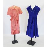 A mid 20th century electric blue a-line dress with corded and pearl bead detail to the neckline,