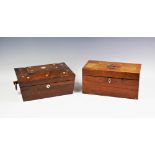 A William IV mother of pearl inlaid rosewood sewing box, of sarcophagus form 32cm W, along with a
