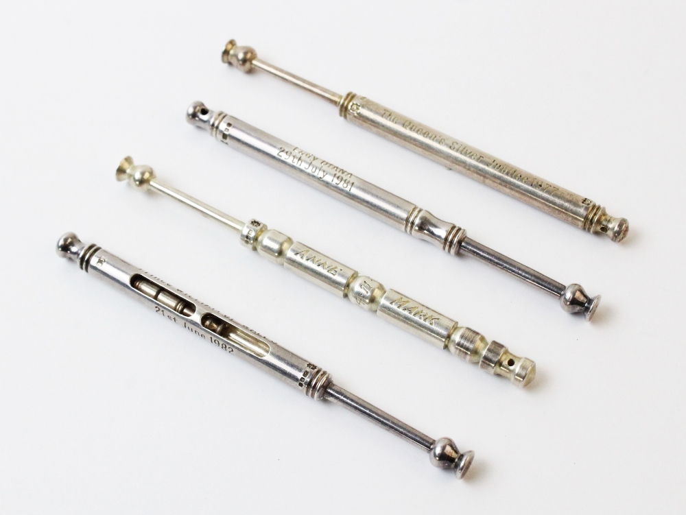 A selection of four silver Royal commemorative lace bobbins, including one engraved 'Anne Mark, 14.