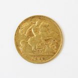 An Edwardian gold half sovereign, dated 1908, weight 4.0gms