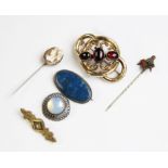 A selection of Victorian and later brooches and pins, to include a Victorian love knot brooch,