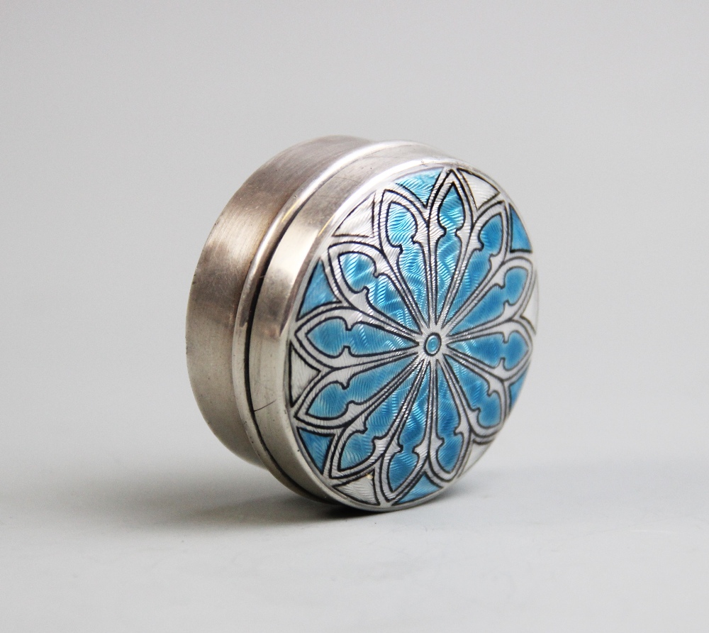 A George V silver and enamel pill box, Lawrence Emanuel, Birmingham 1911, of circular form, the