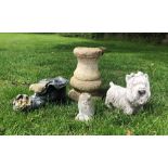 Four garden ornaments to include, a bird feeding her young in a boot, 15cm high, a Yorkshire