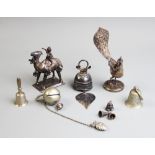 A selection of middle eastern silver and white metal objects of virtue, to include a peacock, 12cm
