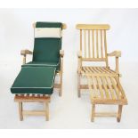 A pair of teak steamer reclining chairs by Glencrest, of slatted form with brass fittings, each