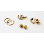 A selection of gold and gold coloured earrings, to include a pair of 9ct gold half-hoop earrings