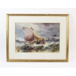 Manner of William Wyllie, Watercolour on paper, A fishing boat with tall ship in the distance,