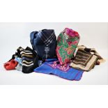 A collection of ladies silk scarves, to include a Burberrys navy blue nova check example, made in