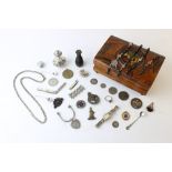 A selection of silver, jewellery and antique ephemera, including a small silver pepperette, a silver