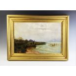 English School (19th century), Oil on board, Waterside landscape depicting two people fishing,