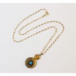 A Victorian Etruscan revival turquoise set drop pendant, comprising, two circular yellow metal