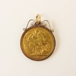 A Victorian sovereign, dated 1890, set to a yellow metal pendant mount, weight 9.4gms